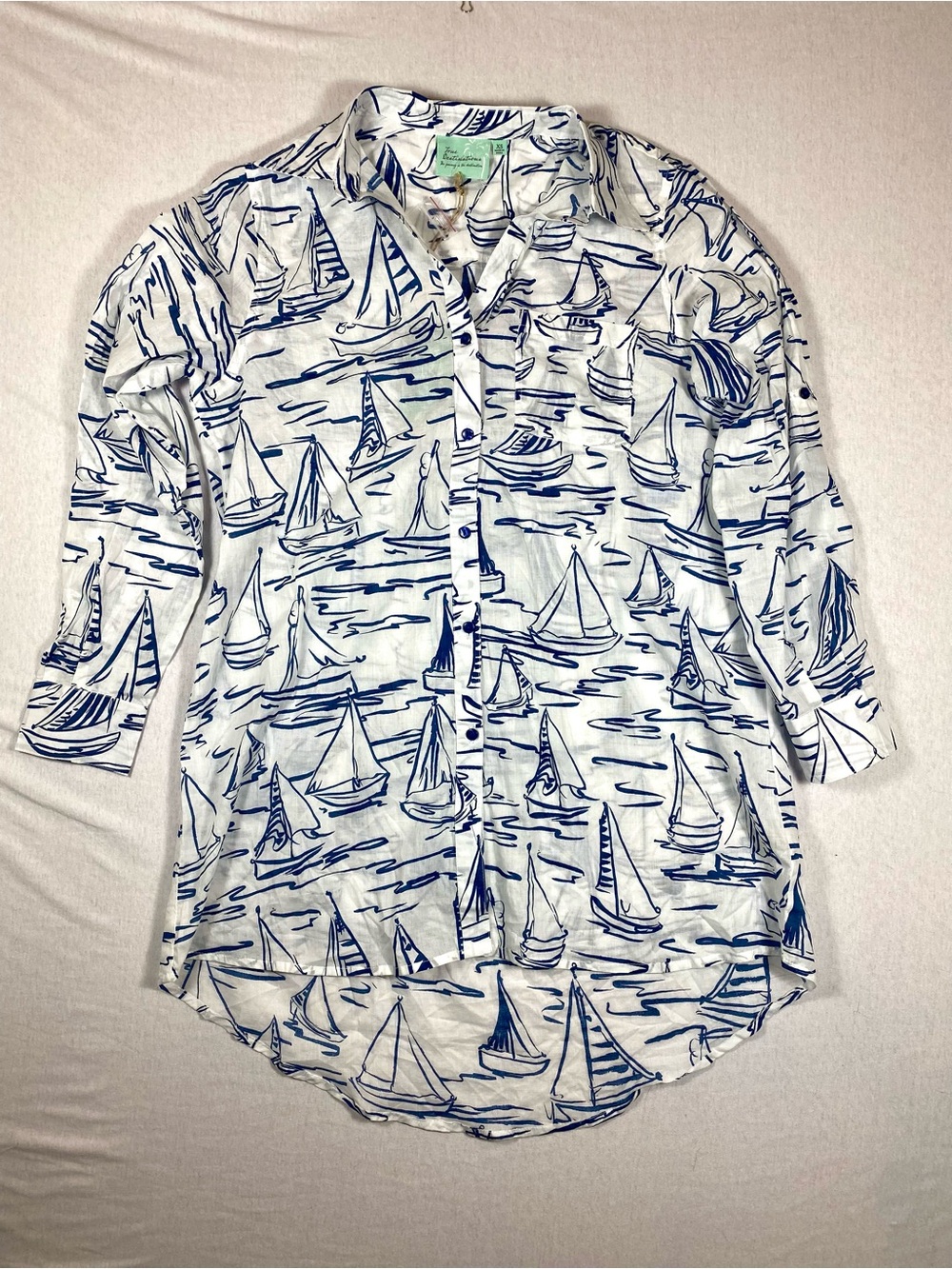 True Destinations White Blue Sailboat Collared Button-Up Shirt XS 100% Cotton